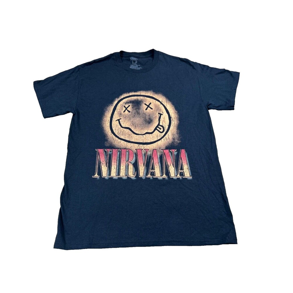 Nirvana T-Shirt Men's Medium Black Happy Face 100% Cotton Logo